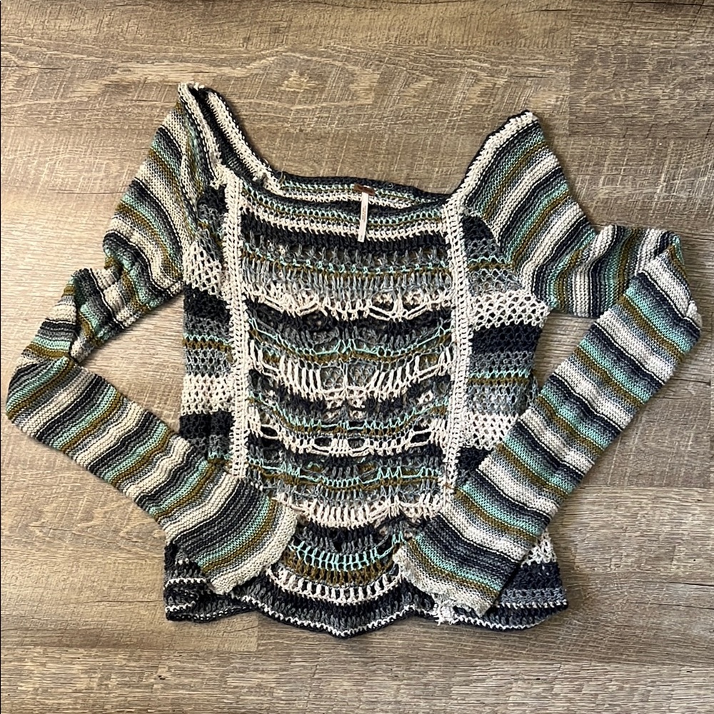 Free People Blue Bell Sleeved Striped Long Sleeve Silk Crochet Knit Top Size S